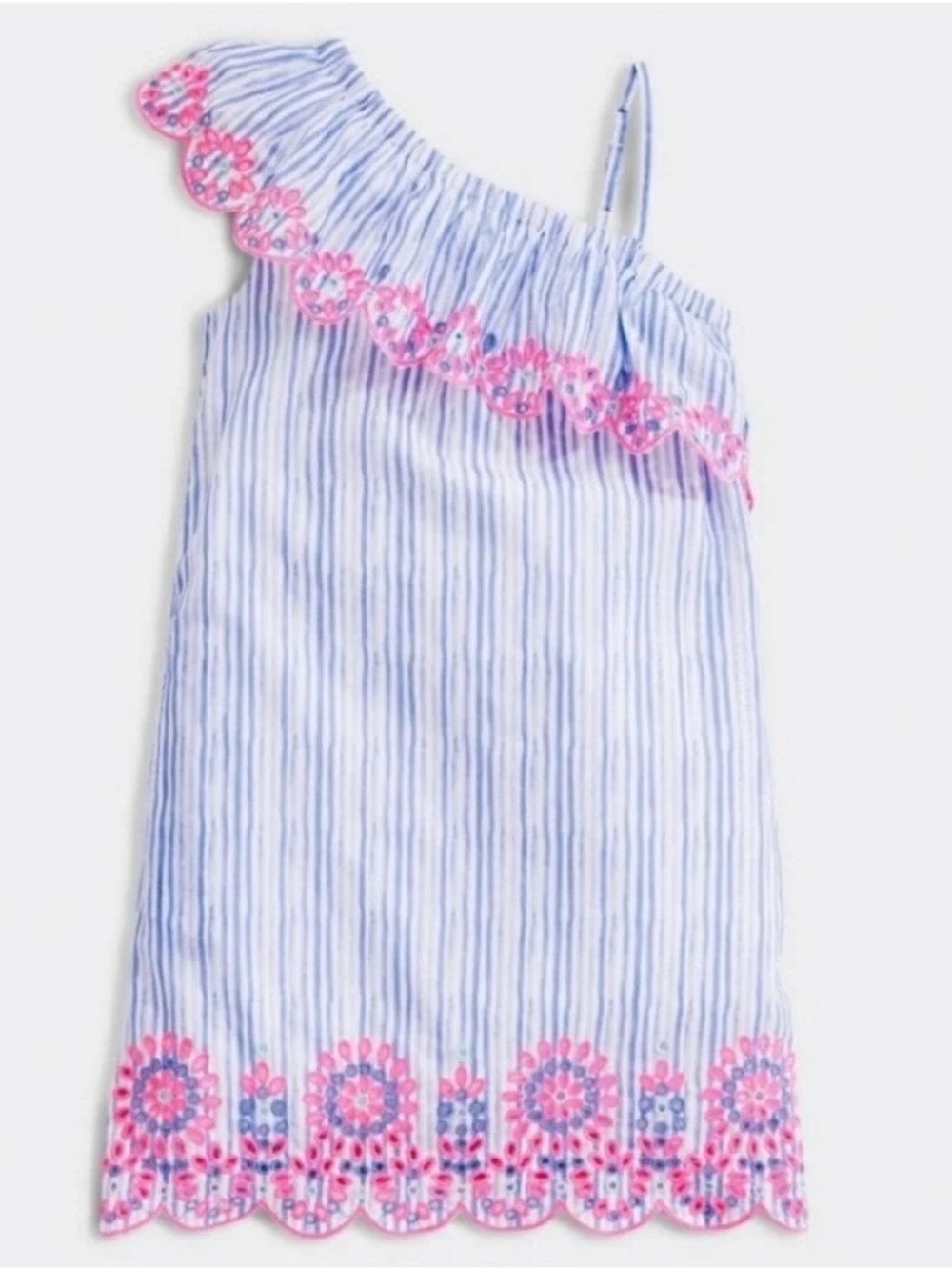 Vineyard Vines Blue & White Stripe One-Shoulder Dress with Pink Floral Trim